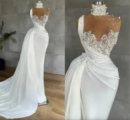 Sukienki wieczorowe syreny luksusowe perełki z iluzji wysokiej szyi top formalne sukienki na imprezę balową koronkowe aplikacje peplum Ruched Robe de Mariee