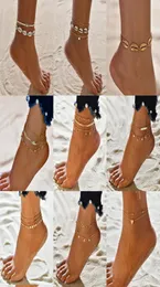 Bohemiska flerskiktsskalpärlor Anklets för kvinnor Vintage Star Starfish Ankelarmband på Leg Foot Chain Summer Beach Jewelry7404967