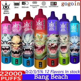 Puff 22k Bang Beach 22000 Puffs Smart Screen Vape Idi nach Zigaretten 0% 2% 3% 5% 36 ml vorgefüllte Pod Mesh Spule 850mAh wiederaufladbare Batterie -Stift -Dampfvorrichtungen