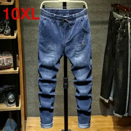 Plus storlek 10xl 9xl 8xl 7xl 6xl xxxxxl stora stora stora män jeans hög midja elastisk stretch lös bomull svartblå 240430