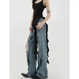 Kvinnor Blue Y2K rippade jeans baggy harajuku estetik 2000 -tal trasiga överdimensionerade denimbyxor streetwear jean byxor vintage kläder 240506