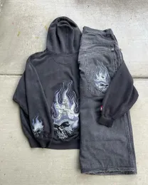 JNCO Suit Y2K Mens Hip Hop Skull broderade baggy jeans överdimensionerade hoodie Tvåverk set byxor Sweatshirt sportkläder kläder 240424