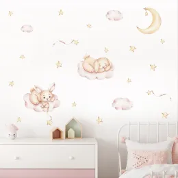 Stickers Cartoon Bunny Moon Clouds Stars Pink Nursery Wall Sticker Watercolor Removable Vinyl Wall Decals Mural Kids Bedroom Home Decor