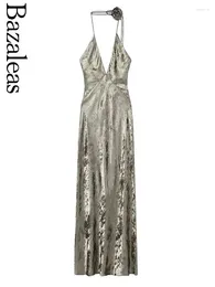 Vestidos casuais 2024 Bazaleas Store Official Store Gold Foil Dress Longo Vestido Longo Backless Floral Chocker Maxi Party