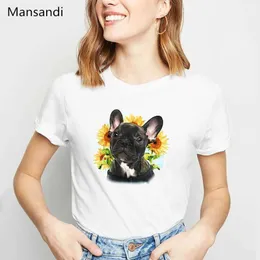 Kvinnors T-shirt Harajuku Kaii French Bulldog /Boston Terrier /Yorkie Fu /German Shepherd /Chihuahua /Pug Dog Flowers Print T Shirt Women Tops D240507