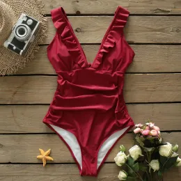 Suits SPORLIKE Heart Attack Falbala Onepiece Swimsuit Women Ruffle Vneck Monokini 2024 New Girls Beach Bathing Suit Swimwear S2XL