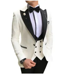 Jackets Custom Made Men Suits White and Black Groom Tuxedos Peak Lapel Groomsmen Wedding Bridegroom ( Jacket+pants+vest+tie ) D133