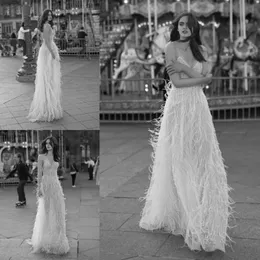 Sheer Design Martinez sukienka pióra liz spaghetti cekiny sukienki ślubne seksowne backless długość podłogi mysków es