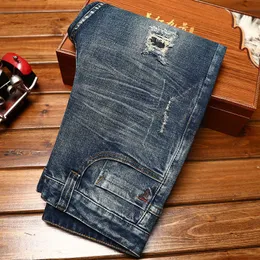 Hole Broken Patch Blue Jeans Mens Straight Fitting Korean Version Trendy Elastic Autumn and Winter Casual Long Pants