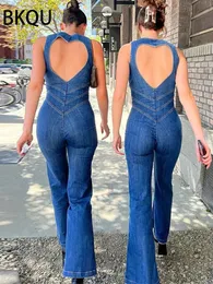 BKQU Sleeveless Zipper Fashion Denim Jumpsuit Women Basic Backless High Waist Jumpsuits Flared Wide Legs Outfits 240423