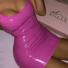 InstaHot Pink Tank Sleeveless PU Sheath Dress Women Summer Bodycon Zipper Low Cut Elastic Clubwear Skinny Mini Dress New Style 272k