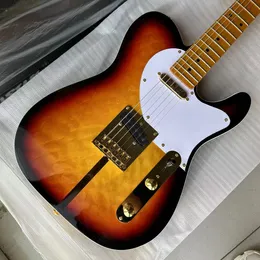 カスタムショップMERLE HAGGARD TUFF DOG VINTAGE SUNBURST ELECTRY GITALキルティングメープルトップ、ゴールドハードウェア、黄色の首、黒いドットインレイ右