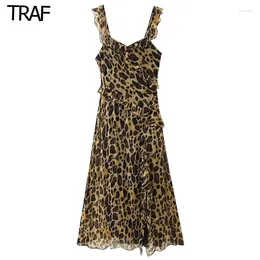 Casual Dresses Ruffle Tulle Dress Women Leopard Print Backless With Slit Vacation Outfits 2024 Summer Sexy Slip Party