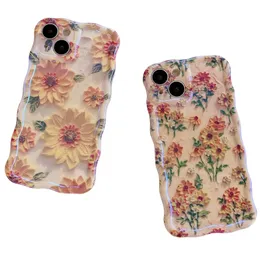 Colorful Painting Printed Sunflowers Floral Glossy TPU Clear Curly Waves Edge Protective Phone Case For iPhone 15 Pro Max 14 13 12, Cute Cover