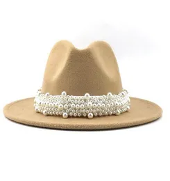Wool Jazz Fedora Top Hats Casual Women Pearl Ribbon Felt Hat Panama Trilby Formal Party Cap 5861cm 17 Colors4044884