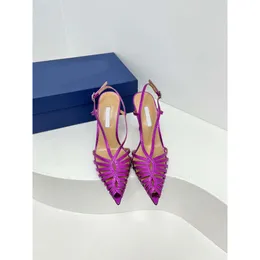 Summer New Purple Red Cross Pointed Thin Heel High Heels Knitted Hollow Buckle Sandals Women's Lacquer Leather