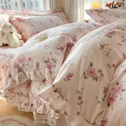 Bettwäsche -Sets koreanischer Stil reine Baumwoll -Blumen -Rüschen Set 200x230 Bettdecke 1,5 m/1,8 m/2m gesteppte Bett Rockbetten