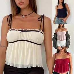 Women's Tanks Fashionable Retro Ruffled Edge Patchwork Sleeveless Lace Up Vest With Bow And Pleated Summer Mini Party Top YDL11