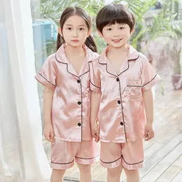 Summer Short Sleeve Pink Satin Silk Pyjama Set Toddler Girls Clothing Set Sleepwear Kids Girl Sets Pijama för 2-14 år 240506