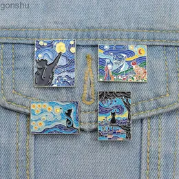 Pins Brooches Starry Night Cat Enamel Pin Customized Van Gogh Oil Painting Chestpin Flip Neck Emblem Fun Animal Art Jewelry Gift WX