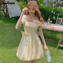 Vestidos de festa Mulheres Sweet Bowknot Mini Dress Summer 2024 Japão coreano fofo estudante de lanterna vestido de bola de bola amarelo gracioso