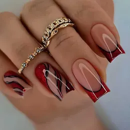 False Nails Red French Fake Nails Line Flower Pattern on Nail Manicure DIY 전체 커버 패션 소녀 여성 선물 T240507을위한 False Nail 팁