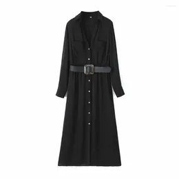 Casual Dresses Women's Dress Fall/Winter Collocation Belt Decoration Long Sleeve Female Chic Elegant Texture Midi Mujer 8351224