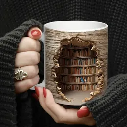 1 st 3D Bookhelf Break Through Coffee Mug Ceramic Cups Book Shelf Water Summer Winter Drinkware 240420
