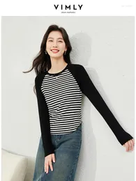 Kvinnors T-skjortor Vimly Black White Striped Casual T-shirt för kvinnor 2024 Spring Fashion High Strecth Basic Tees Long Sleeve Top M6820