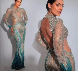 Sukienka wieczorowa Kylie Jenner Długie sukienka długie rękawowe O Aplikacje szyi niebieskie krysztsyusef aljasmi Kim Kardashian Women Cloth Kylie Jenner Kendal Jenner