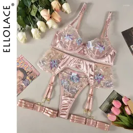 Бюстгальтеры устанавливают Ellolace Sensual Women Lingerie Fancy Floral Sleen Silk Learkwear Transparent Garter Экзотическая сказочная роскошная интимные товары