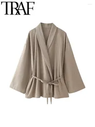 Frauenblusen Kimono -Stil Taille gebundener lässige Hemden Lose Frauen asymmetrisch V Hals großes Ärmel Bluse weibliche 2024 Federtops Y2K