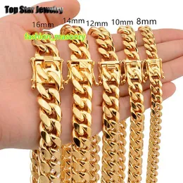 8mm/10mm/12mm/14mm/16mm Stainless Steel Jewelry 18K Gold Plated High Polished Miami Cuban Link Necklace Men Punk Curb Chain Butterfly Clasp