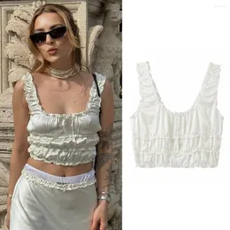 Frauen Tanks Icclek 2024 geschichtete verzierte Seidensatin Satin Cropped Top Y2K Tops Frau Bekleidungsgeschäft Frauen T-Shirts Hemd