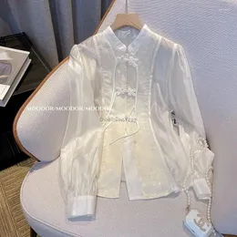 민족 의류 2024 White Jacquard Top Female Spring Style 개선 된 Tang Suit Buckle Long Sleeve 스탠드 칼라 블라우스 W351