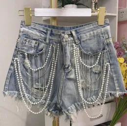 Frauen 2020 Neue Sommer Rheinperlen Trassels Perlen hohe Taille Denim Shorts weibliche Gelegenheitsweite der Weitbein -Jeans Chic Wild Shorts Y10919189412