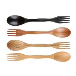 Multifunctional Portable Fork Wooden Tableware Outdoor Dessert Spoon Hand Carved Creative Kitchen Tools