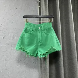 Summer Style Wide Leg Pants Candy Color Ripped Denim Shorts Kvinnlig hög midja Grön a-line kvinnliga jeans shorts byxor 240506