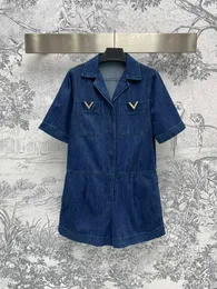 New Luxury Brand Fashion Blue Denim Single Breasted Lady Lapel Playsuits Women Short Sleeve High Waist Casual Jumpsuit