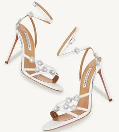 الأنيقة Aquazzura النجوم Night Women Sandals Shoes White Gold Party Party Pumps Flower Crystal Sofilished Lady High High Cheels EU35-43 Original Box