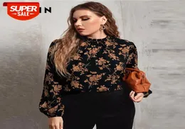 T-shirt artı Fırralı Boyun Lantern Sleeve Allover Top Bloz Kadın Bahar Ofisi Lady Elegant Üst ve Bluz Partisi #H81J7248105