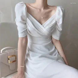 파티 드레스 한국 프랑스 빈티지 섹시한 v- 넥 허리 밴드 슬리밍 퍼프 슬리브 쉬폰 드레스 긴 흰색 여성 의류