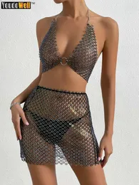 Etekler Kadınlar İçin Gece Elbisesi Seksi Kostümler Parlak Rhinestones Elmas örgü See-Through Tank Top iki parçalı set Crystal Beach Dres