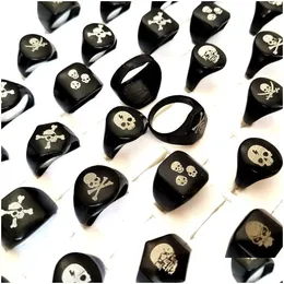 Band Rings 30Pcs/Lot Wholesale Top Mix Skl Biker Ring Hip-Hop Jewelry Classic Punk Black Gothic Alloy Men Women Party Skeleton Drop De Dhivv