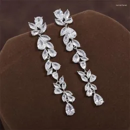 Kolczyki Dangle Zakol luksus liść sześcienna cyrkonia długość dla kobiet elegancka błyszcząca cZ nosowa biżuteria ślubna