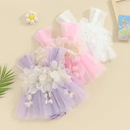 Romper per bambini abbigliamento per bambini abiti estivi abiti estivi decorazioni floreali 3d senza maniche per la sospensione nodo tortulo tutule tutu a-line h240507