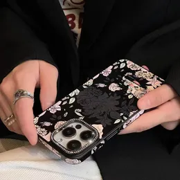 Designer Flower Phone Case para Apple iPhone 14 Pro Max Plus 13 12 Luxo PU Couro Patched Bumper Floral Print Lens Diamante