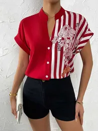 Frauenblusen Hemden Damen Neue Sommer Doppelkontrast Blumenknopf Strickjacke kurzstrahlige Hemd 2023 Red Casual V-Ausschnitt Modehemden für Frauen D240507