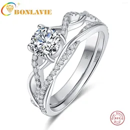 Cluster Rings Bonlavie Women's Round Diamond Zircon Ring Wedding Silver 925 Smycken Paving Set CZ Crystal