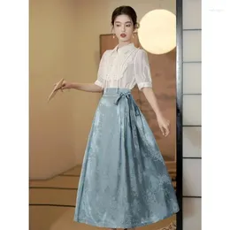 Arbetsklänningar Två bit kjoluppsättning Förbättrad Hanfu att pendling av hanyuan kläder sommarhäst ansikte klänning kort ärm topp daglig kinesisk stil